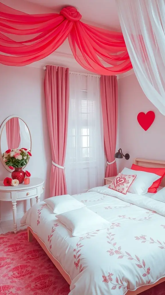 A romantic bedroom decorated with pink and white colors, featuring draped fabric on the ceiling and floral patterns on the bedding.