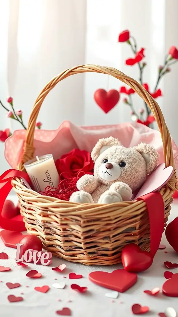 A Valentine's basket featuring a plush teddy bear, roses, hearts, and a candle.