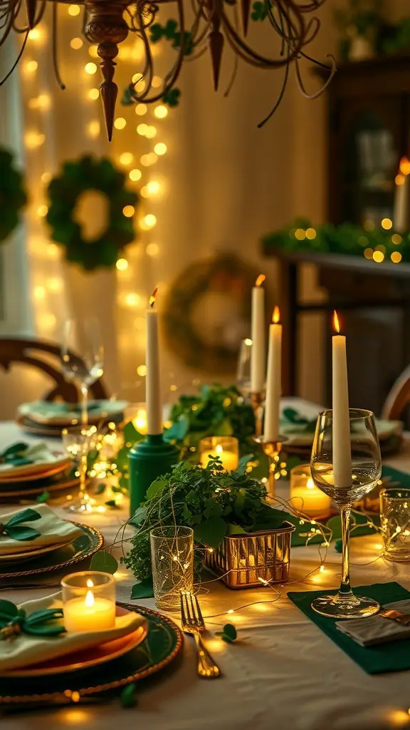 A beautifully set table for St. Patrick's Day featuring fairy lights, candles, and greenery.