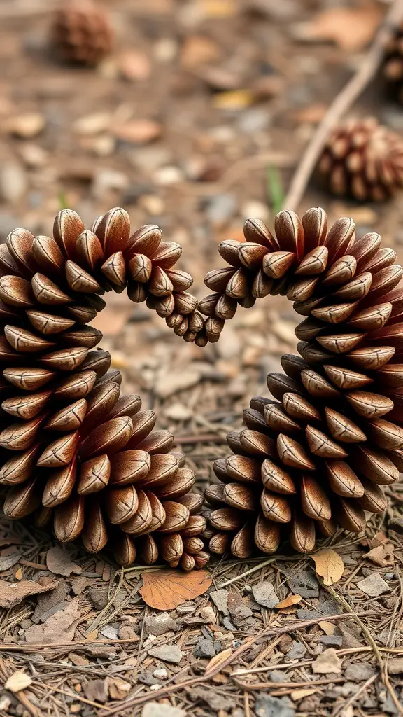 Heart-shaped sculpture made of pinecones on a forest floor