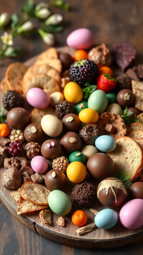 51+ Creative Easter Charcuterie Board Ideas 5 A colorful Easter charcuterie board filled with various chocolate treats, cookies, and fruits.