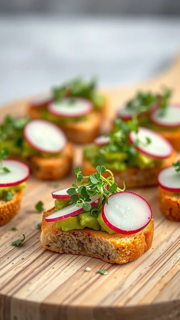 Mini avocado toast bites topped with radish slices and microgreens on a wooden platter.