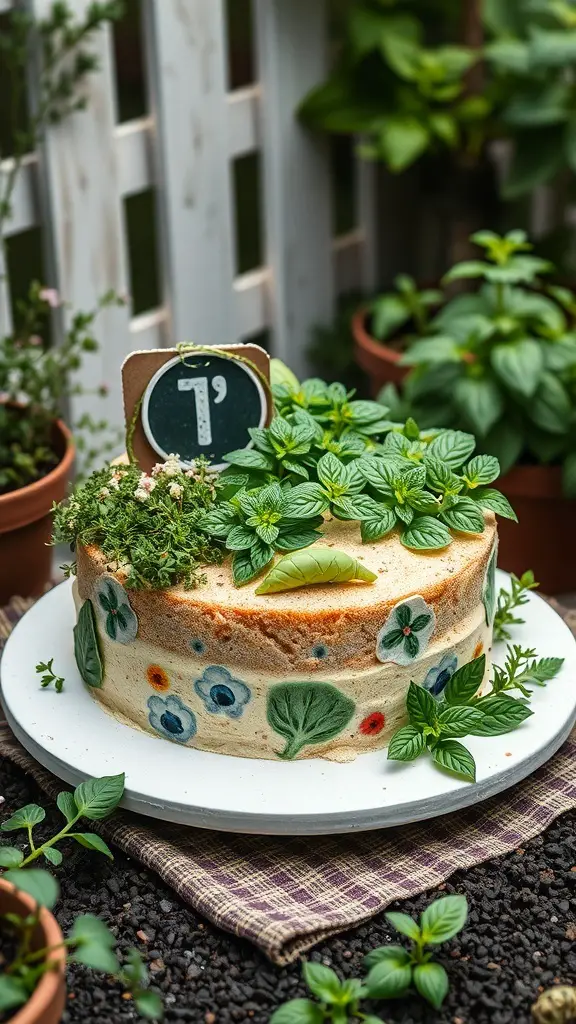 A beautifully decorated herb garden cake topped with fresh herbs and edible flowers.