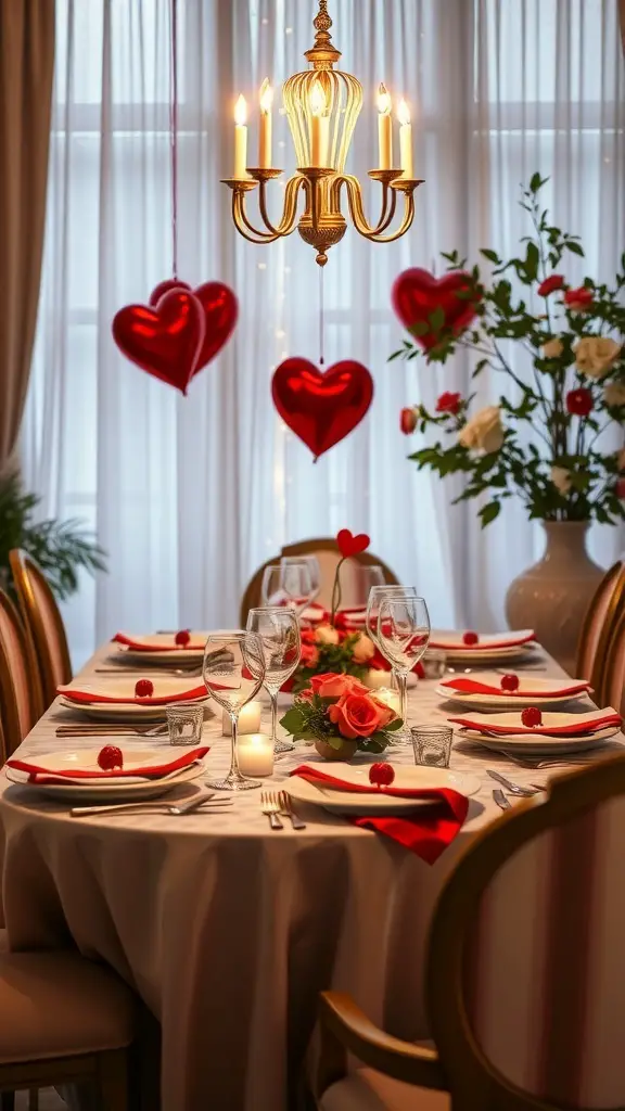 27+ Creative DIY Valentine’s Day Decor Ideas You’ll Love 16 A beautifully set table for Valentine's Day with a chandelier, red hearts, and floral arrangements.