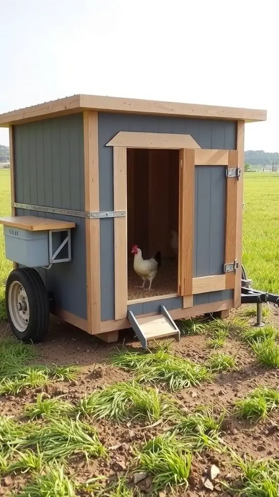 A DIY chicken coop on wheels in a field under a clear blue sky.