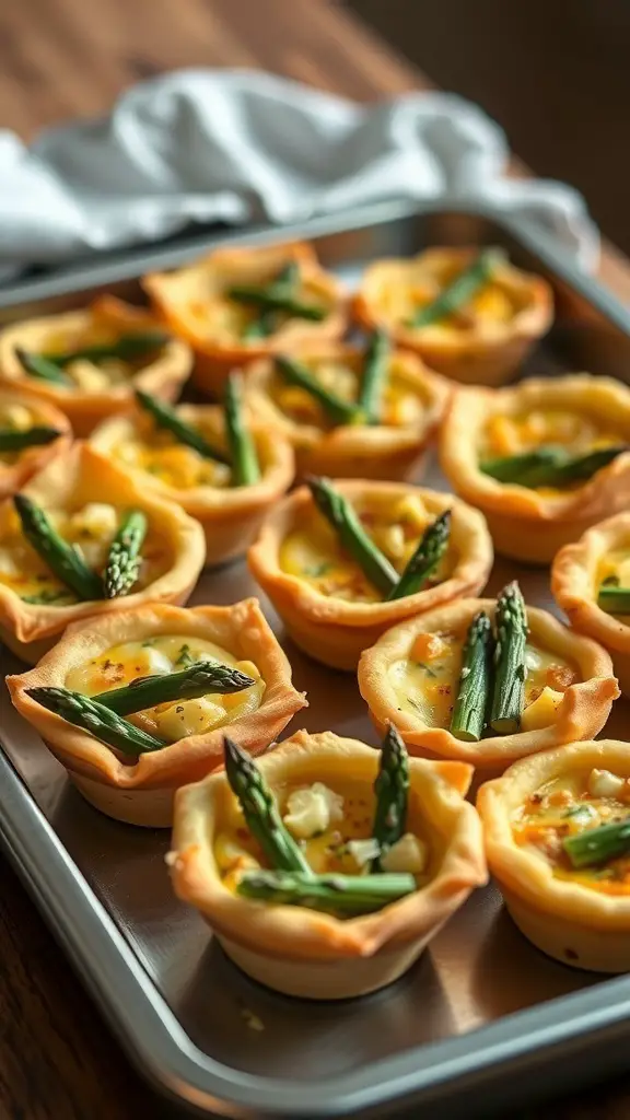 A tray of mini quiches with asparagus, showcasing golden crusts and green asparagus spears.