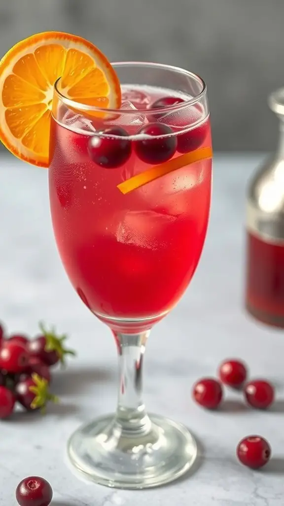 A refreshing Cranberry Orange Spritz mocktail garnished with an orange slice and cranberries.