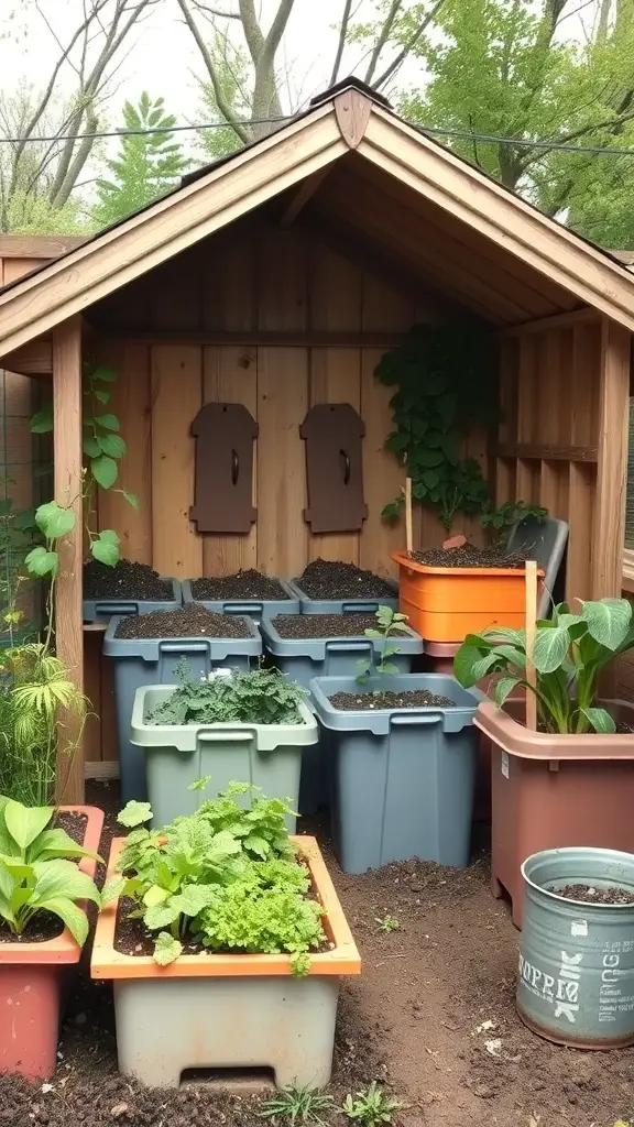 A cozy potting shed with organized composting area and various plants in containers.