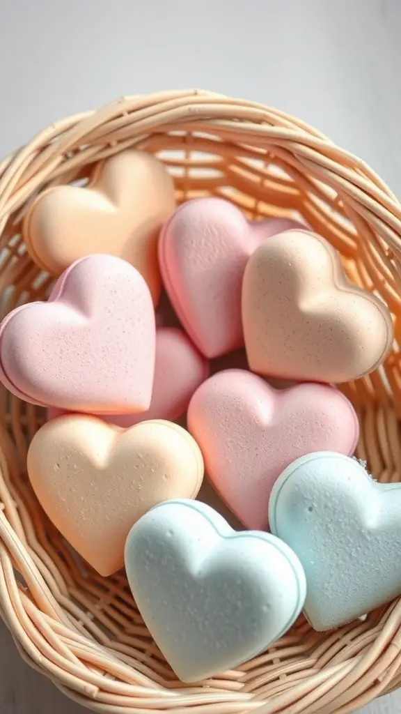 29+ Creative Valentine’s Crafts to Sell This Season 14 A basket filled with heart-shaped bath bombs in pastel colors.