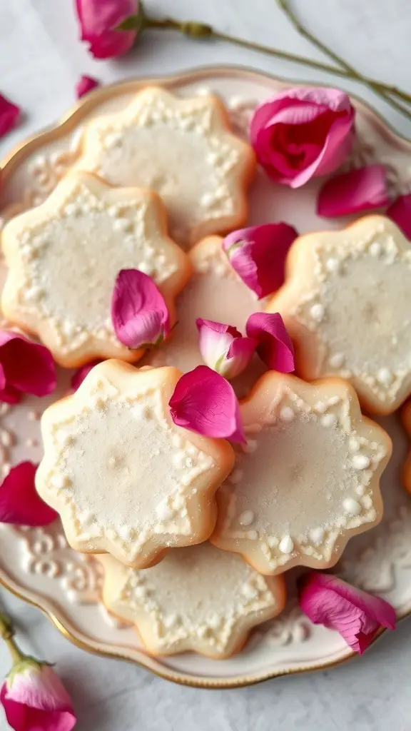 A plate of rose petal sugar cookies surrounded by rose petals