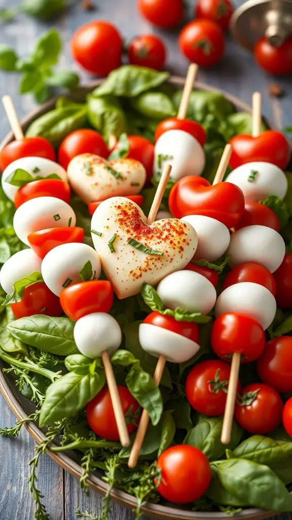 A platter of heart-shaped Caprese skewers with cherry tomatoes, mozzarella, and basil on a bed of greens.