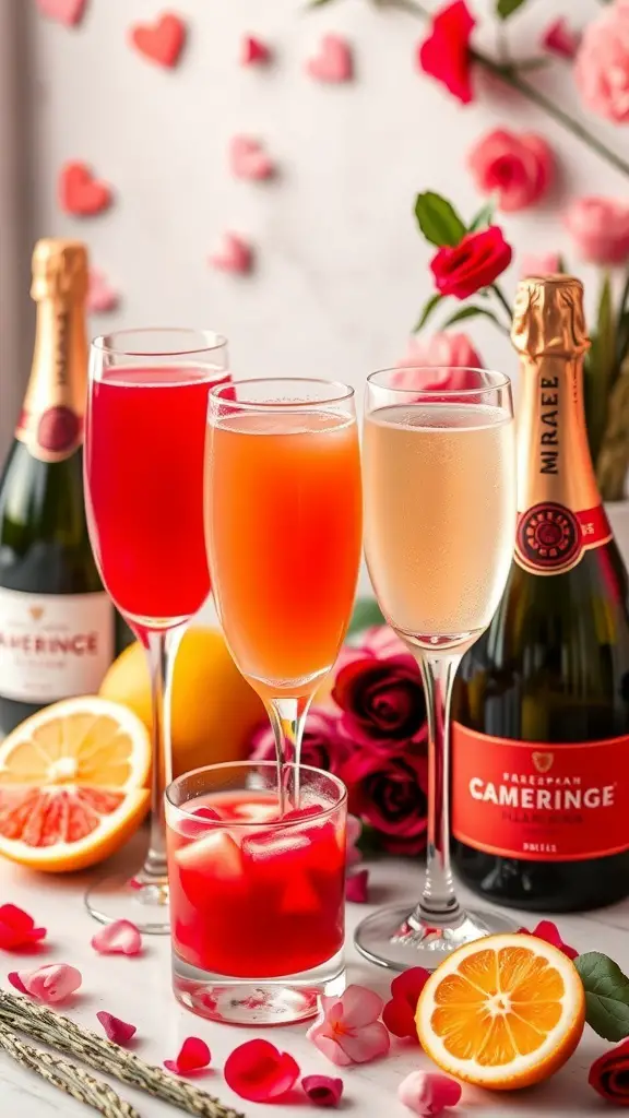 A vibrant mimosa bar featuring various fresh juices and sparkling wine, decorated with rose petals and citrus slices.