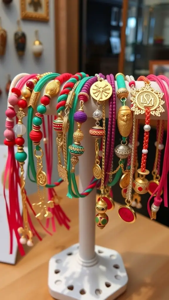 Colorful lucky charm bracelets displayed on a stand, featuring various charms and beads.