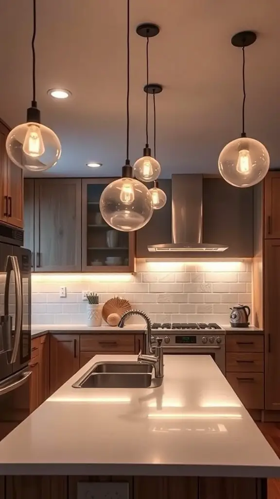 A modern kitchen featuring stylish pendant lights over the island, showcasing innovative lighting solutions.