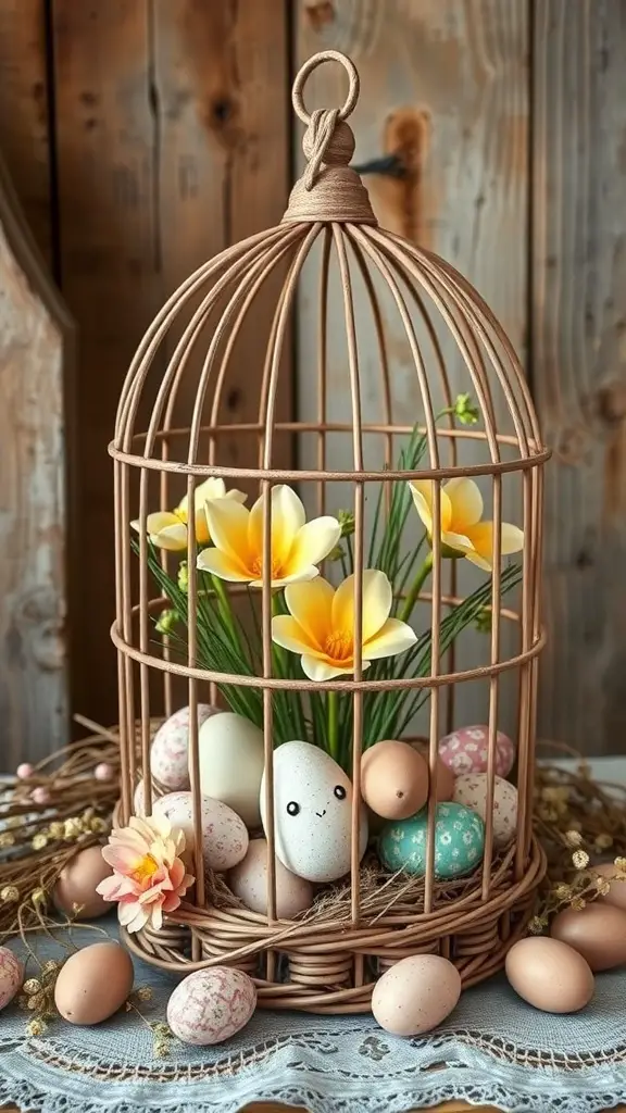 A vintage birdcage filled with colorful Easter eggs and flowers, set against a rustic wooden background.