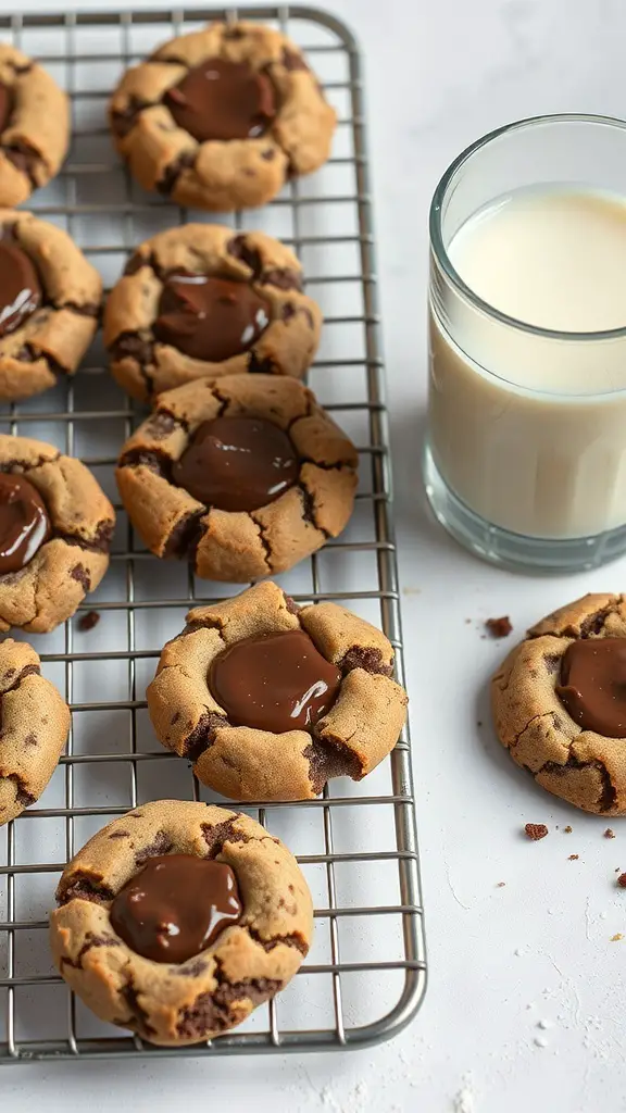 Freshly baked Nutella stuffed cookies on a cooling rack next to a glass of milk.