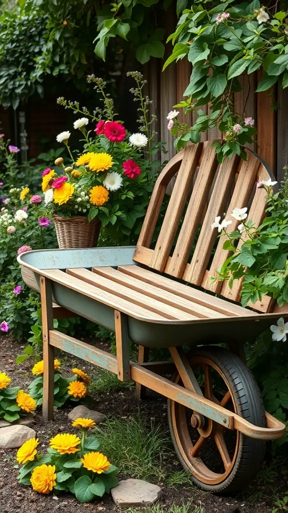 29+ Creative Wheelbarrow Garden Ideas 6 A rustic wheelbarrow bench surrounded by colorful flowers in a garden.