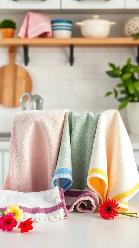 29+ Stunning Countertop Decor Ideas to Elevate Your Space 11 Colorful kitchen towels displayed on a countertop with flowers