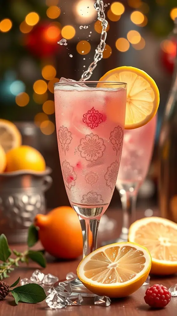 A glass of pink lemonade fizz with lemon slices and raspberries, surrounded by fresh lemons and ice.
