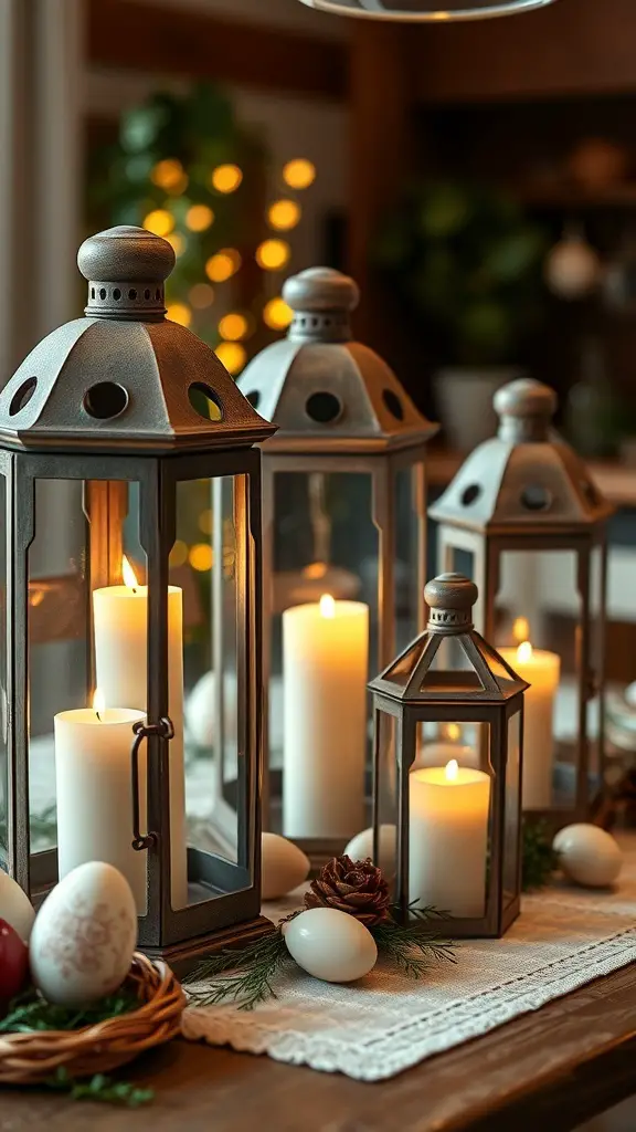 Rustic lanterns with candles surrounded by Easter decorations