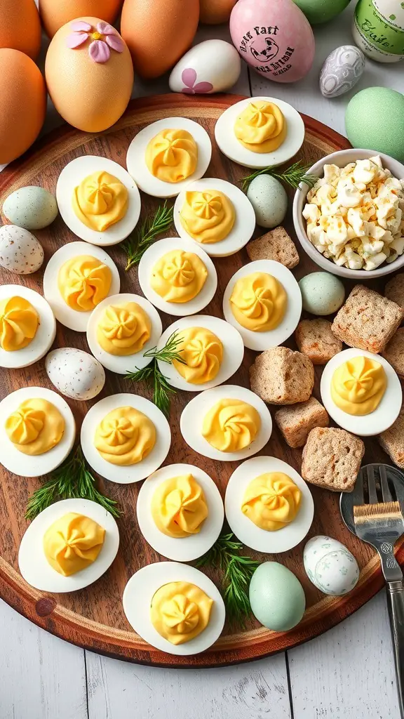 A beautifully arranged Easter grazing board featuring deviled eggs, colorful Easter eggs, and crunchy snacks.