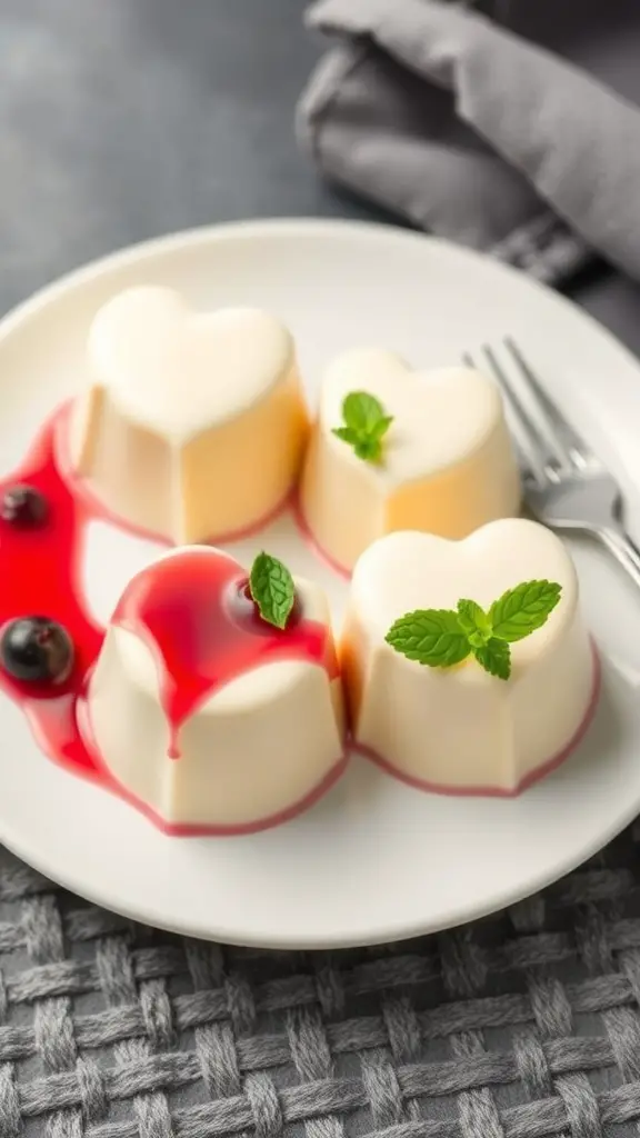 Three heart-shaped panna cotta desserts with berry sauce and mint leaves on a plate.