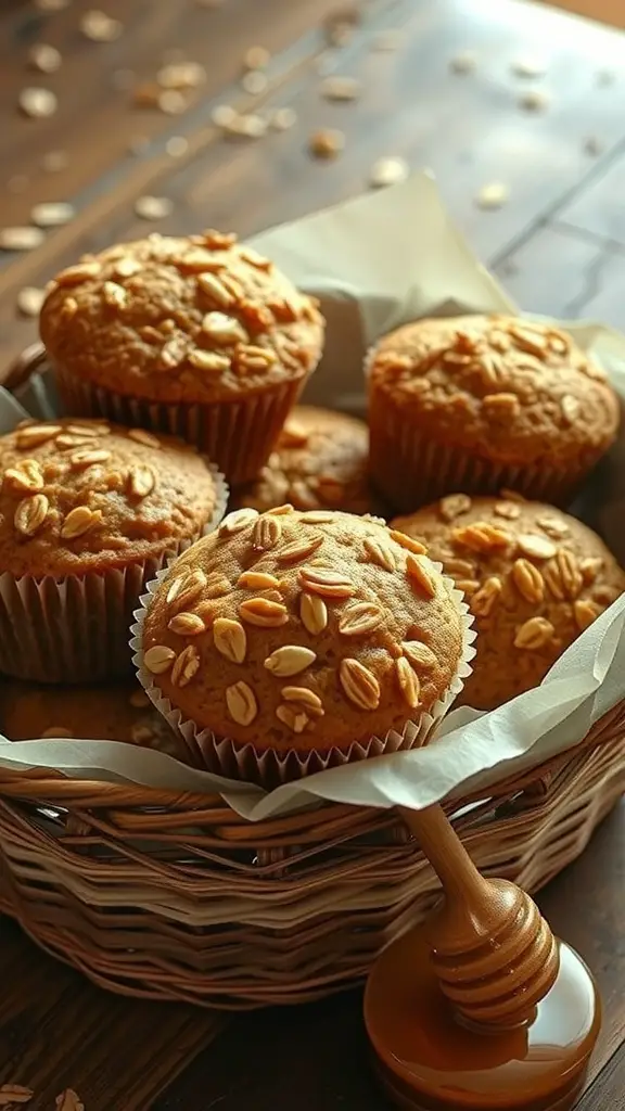 A basket of honey oat muffins topped with oats, with a honey drizzler beside it.