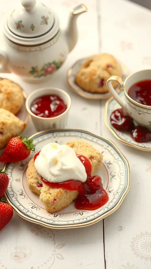 47+ Must-Try Easter Brunch Ideas for a Festive Celebration 15 Scones with clotted cream and jam on a decorative plate, with strawberries and a teapot in the background.