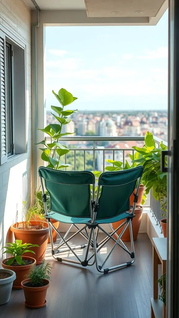 Two green foldable chairs on a small balcony surrounded by potted plants