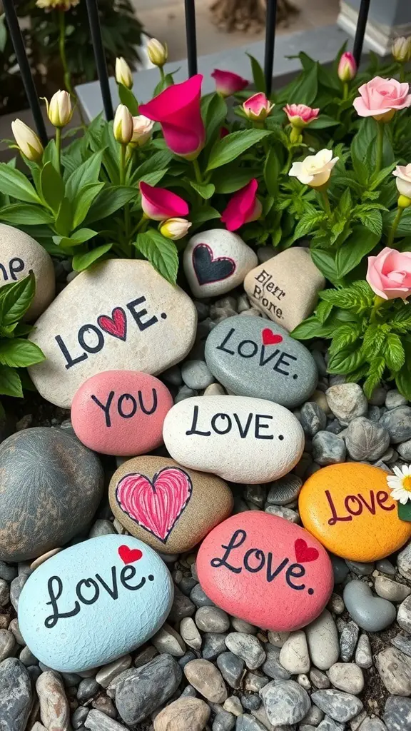 Colorful painted rocks with love messages in a garden setting
