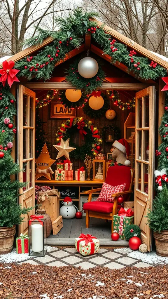 27+ Creative Party Shed Ideas 10 A festive shed decorated for the holidays with garlands, lights, and gifts.