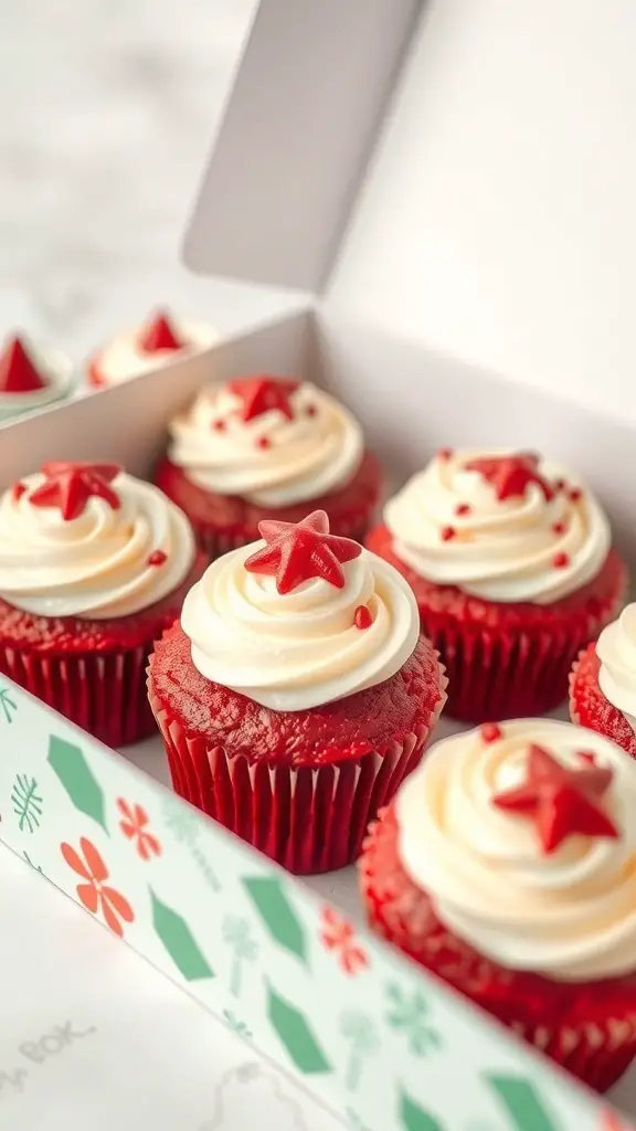 A box of red velvet cupcakes with cream cheese frosting and star decorations