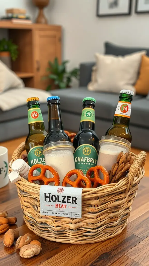 23+ Creative Valentine's Day Basket Ideas 7 A basket filled with craft beer bottles and assorted snacks like pretzels and nuts.