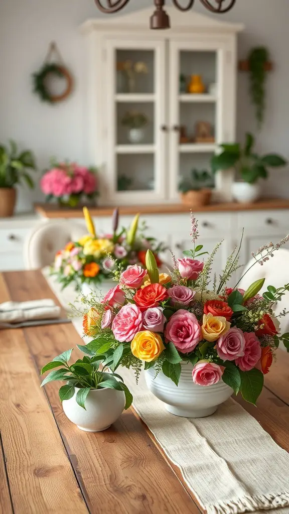 Colorful flower arrangements on a dining table with a rustic wooden surface.