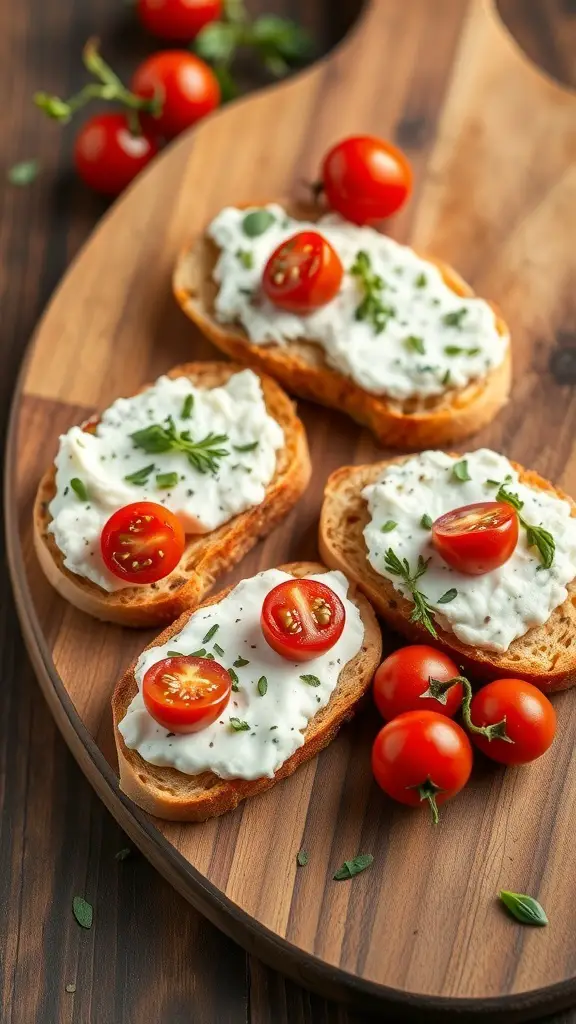 Toasted crostini topped with herbed goat cheese and cherry tomatoes on a wooden board