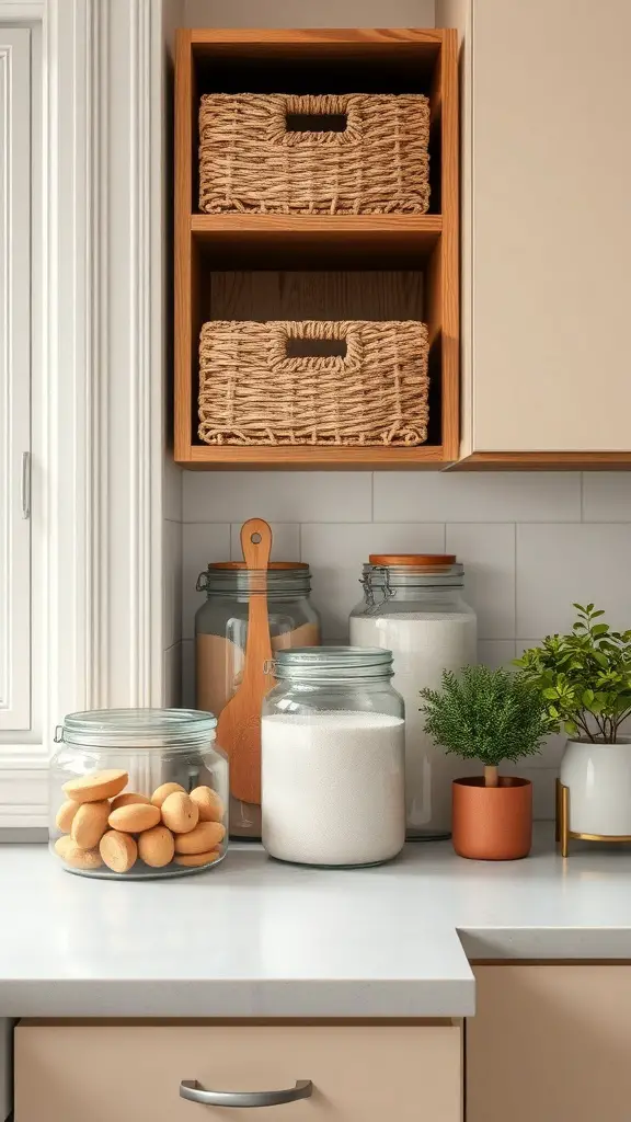 23+ Inspiring Kitchen Counter Styling Ideas to Elevate Your Space 4 Stylish kitchen counter with woven baskets, clear jars, and a small plant.