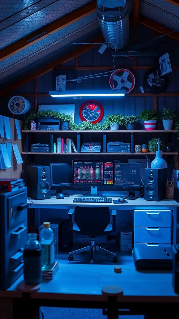 A modern tech-integrated work shed featuring dual monitors, ambient lighting, and organized workspace.
