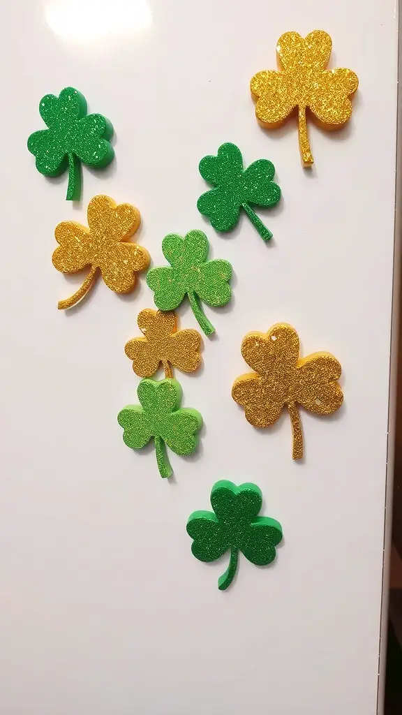 Colorful gold and green glittered shamrock magnets on a white surface