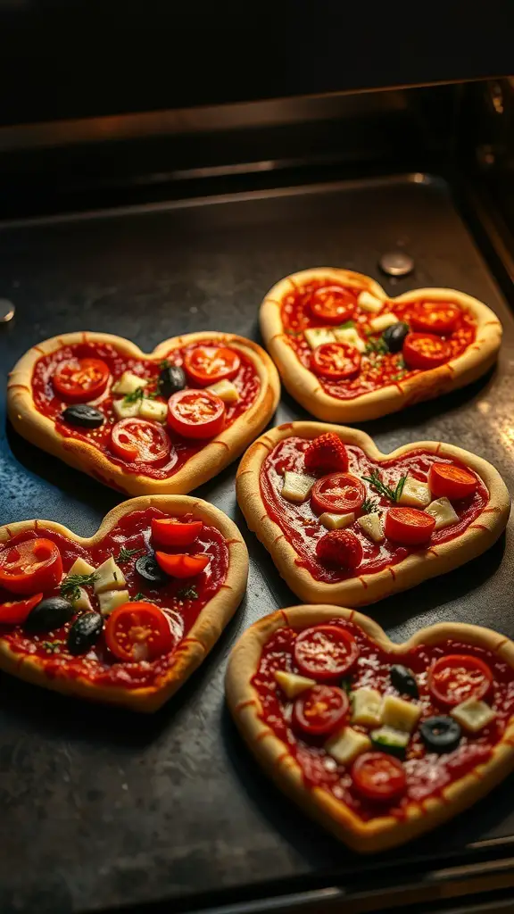 Heart-shaped pizzas with various toppings on a baking tray