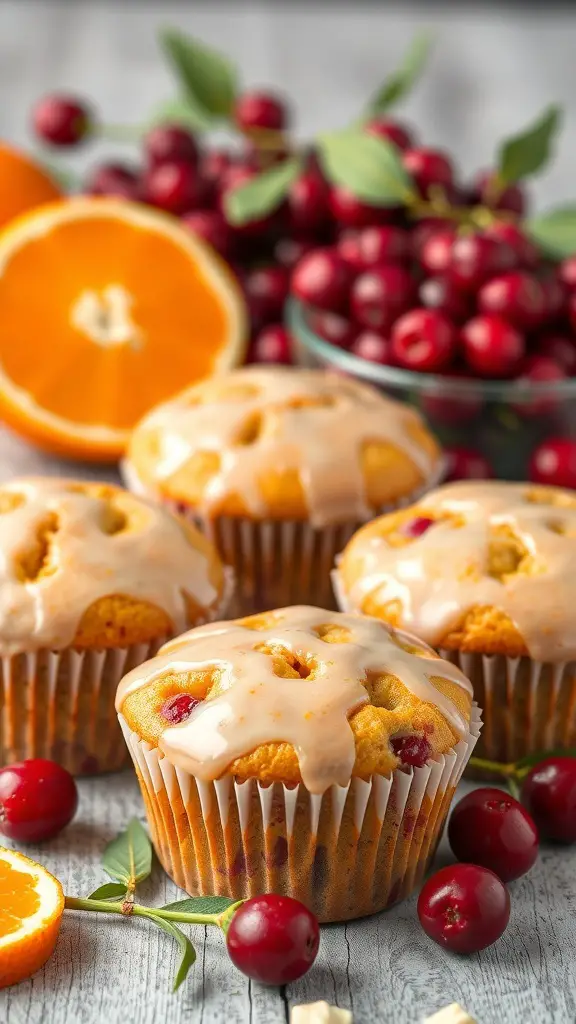 Freshly baked orange cranberry muffins with a light glaze, surrounded by oranges and cranberries.