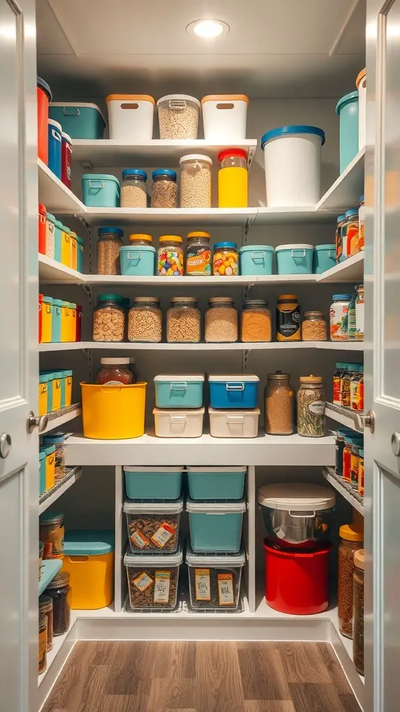 29+ Creative Small Pantry Ideas to Maximize Space 8 A well-organized pantry with color-coded containers on shelves.