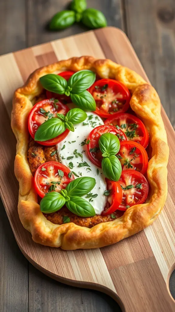 45+ Creative Mother's Day Brunch Ideas 6 A herbed goat cheese and tomato tart with fresh basil on a wooden board.