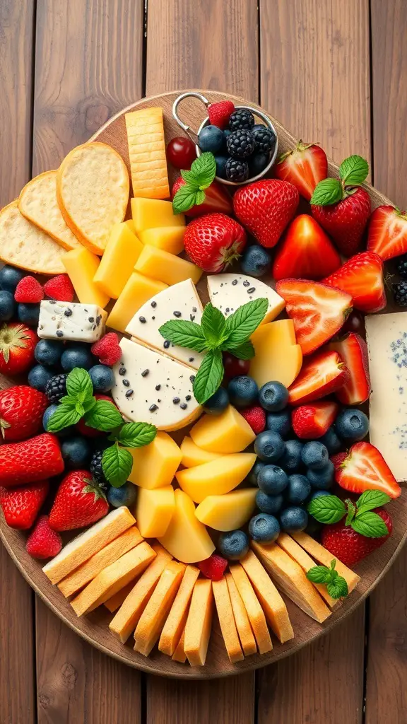 A heart-shaped platter filled with various cheeses and fresh fruits.