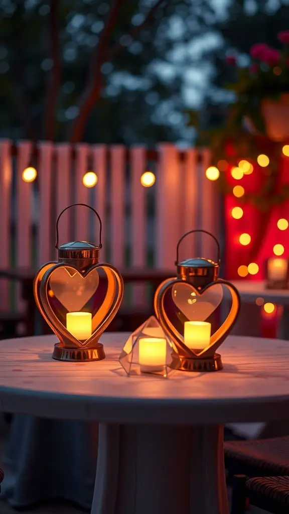 Heart-shaped lanterns on a table with candles, creating a romantic patio setting.