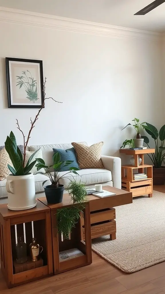 A cozy living room featuring repurposed wooden crates as furniture and plant stands.