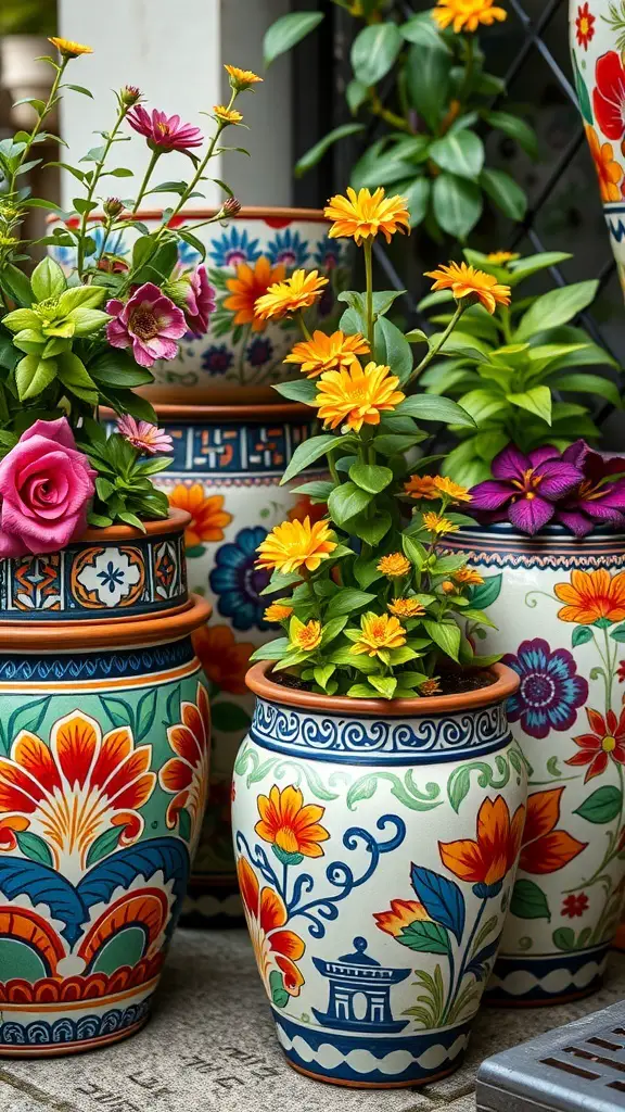 Colorful hand-painted planters filled with blooming flowers