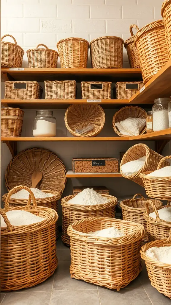 29+ Clever Kitchen Storage Ideas to Maximize Space 14 A collection of woven baskets filled with flour and other ingredients, neatly arranged on wooden shelves.