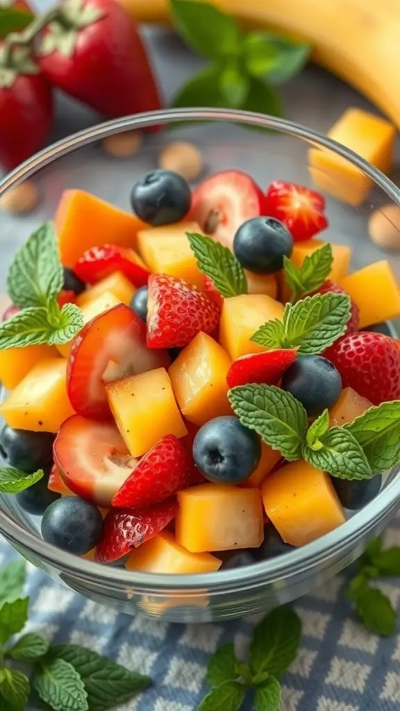 A bowl of fresh fruit salad with strawberries, blueberries, and cantaloupe garnished with mint leaves.
