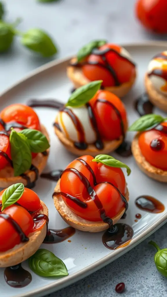 Caprese salad bites with cherry tomatoes, mozzarella, and basil drizzled with balsamic glaze on a plate.