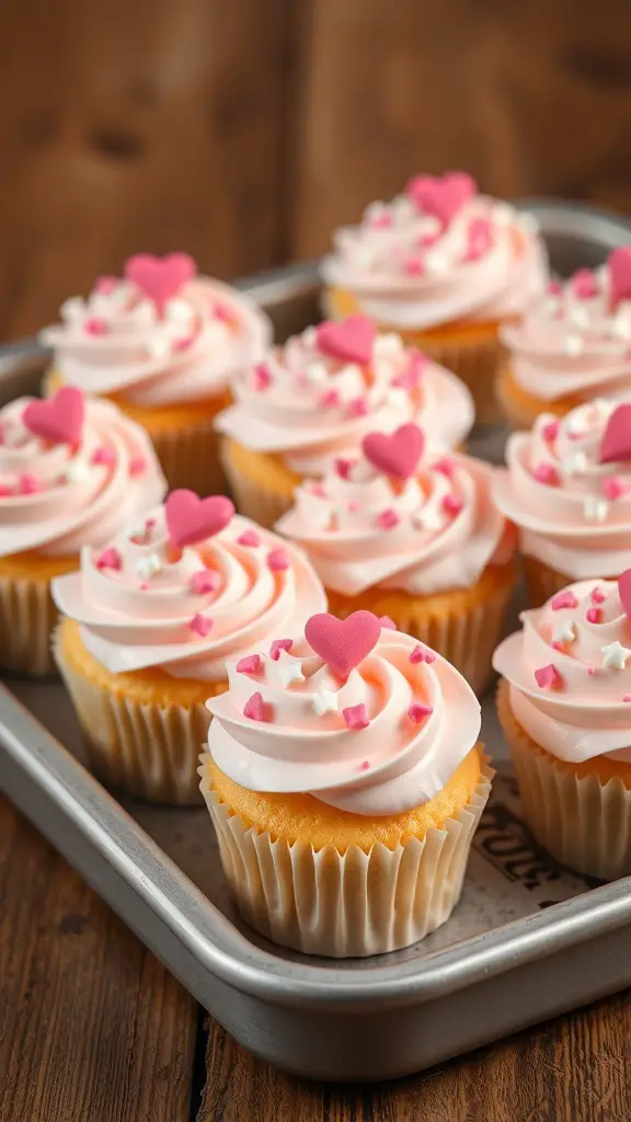 A tray of fluffy vanilla bean cupcakes with pink frosting and heart-shaped sprinkles.